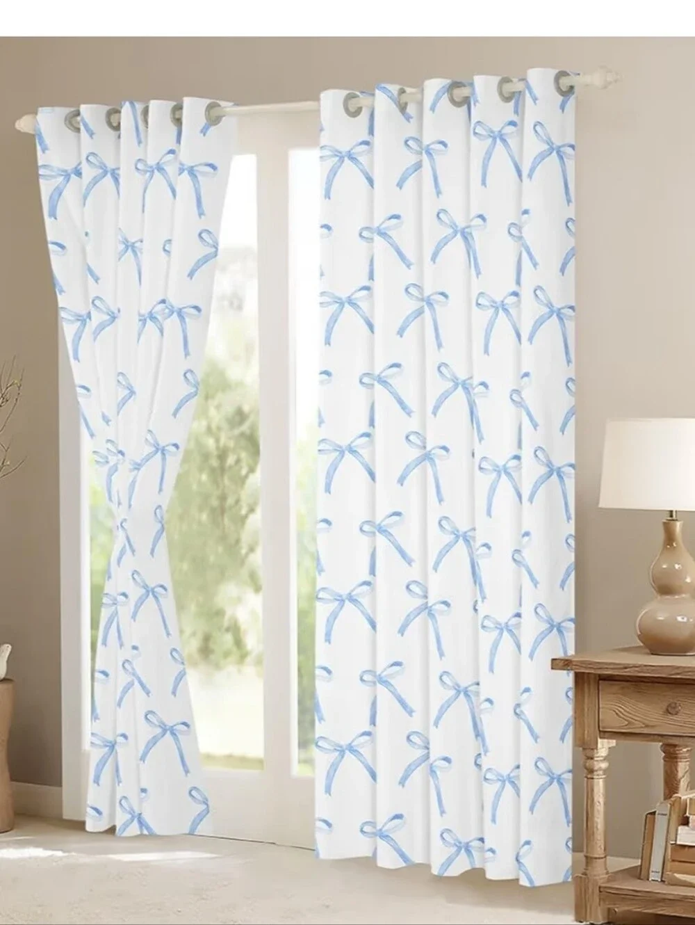 Light Blue Bow Print Grommet Curtain Panel